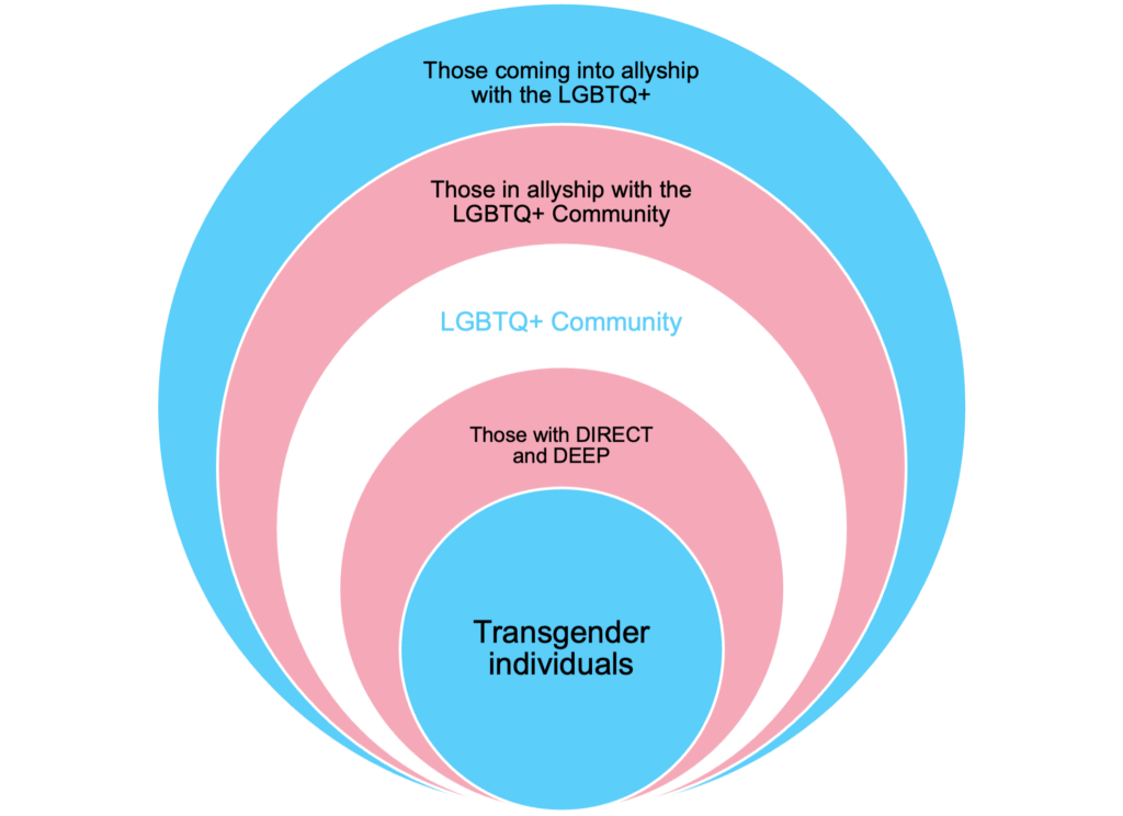 A series of concentric circles, listing (from center moving outward): Transgender individuals, Those with DIRECT and DEEP, LGBTQ+ Community, Those in allyship with the LGBTQ+ Community, Those coming into allyship with the LGBTQ+ community