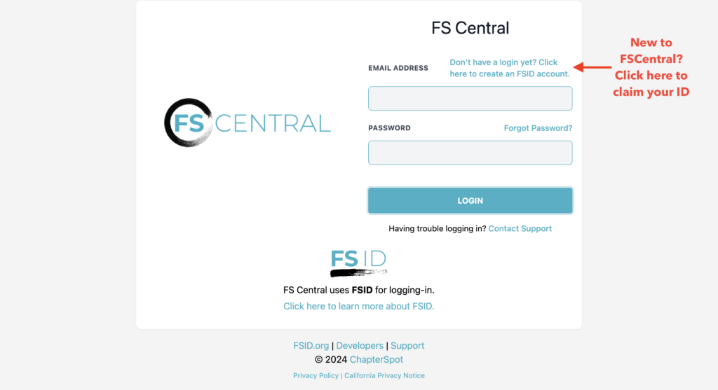 Login page for FSCentral