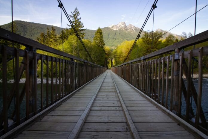 Bridge over the South Fork Skykomish River, looking toward Baring Mountain