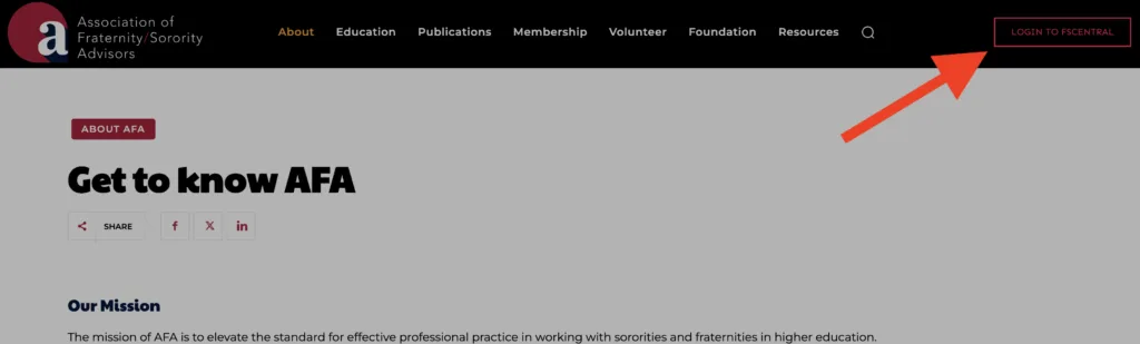 AFA Homepage with Login to FSCentral button highlighted