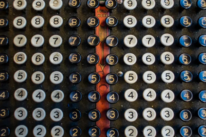 Closeup of a vintage, analog calculator