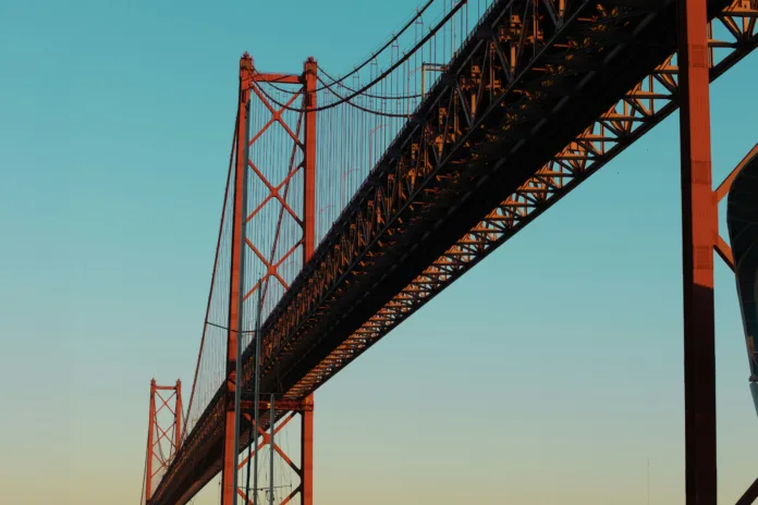 Red suspension bridge, shot from below